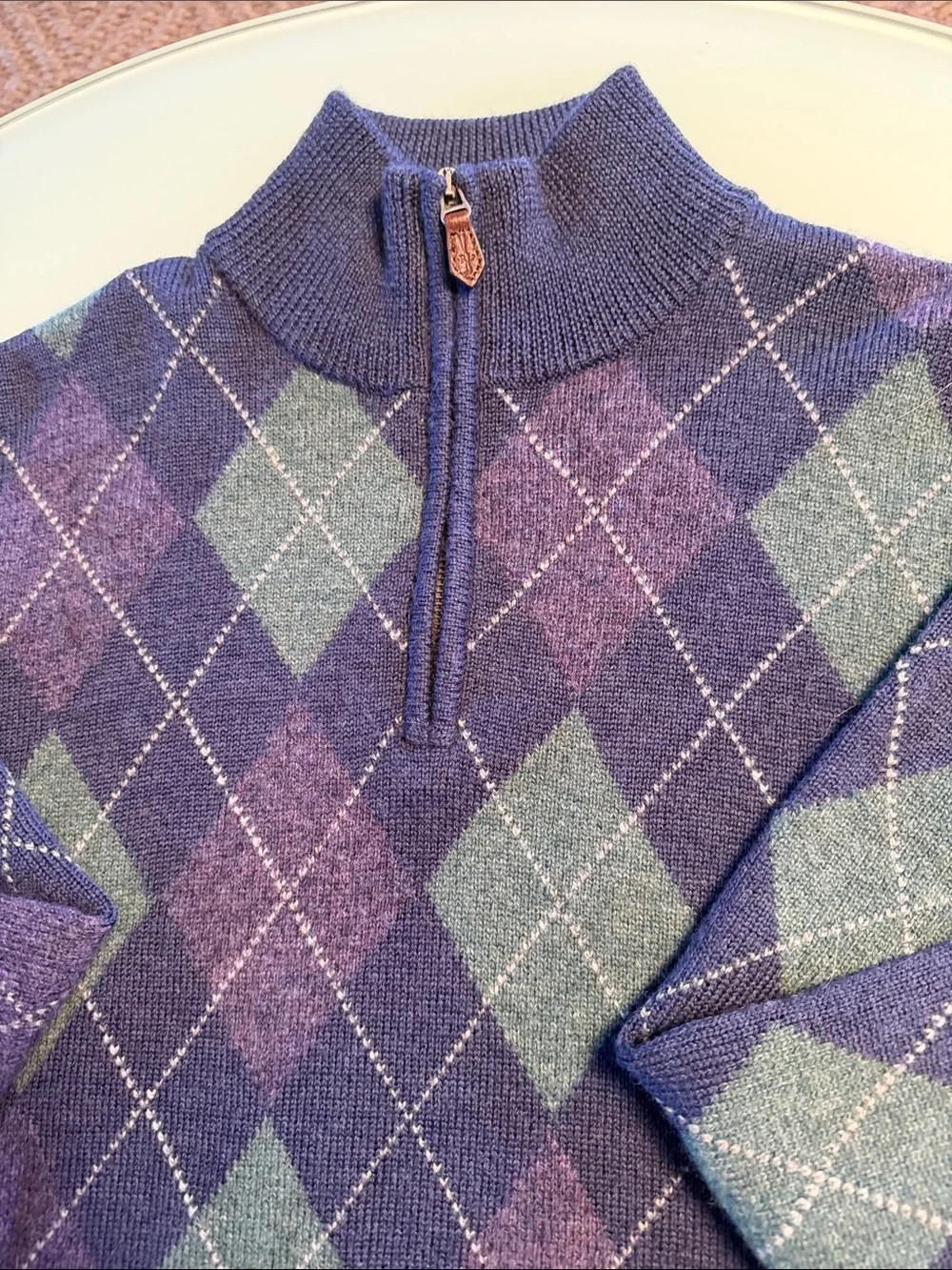 Ralph Lauren Purple Argyle Quarter-Zip Sweater with Green Diamonds size large
